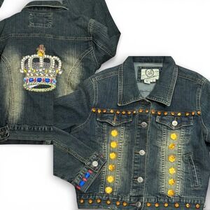 TELL VTG y2k embellished denim jacket royal core sz M rhinestone jeweled bling
